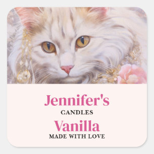 Elegante witte kat in goud en juwelen kaars ambach vierkante sticker