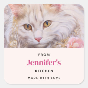 Elegante witte kat in juwelen keuken vierkante sticker