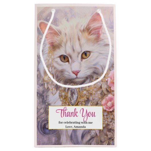 Elegante witte kat in luxe juwelen dank u klein cadeauzakje (Achterkant)