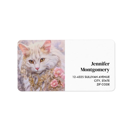 Elegante witte kat in luxe juwelen etiket (Voorkant)