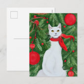 Elegante witte kat kerst feestdagenkaart (Voorkant / Achterkant)