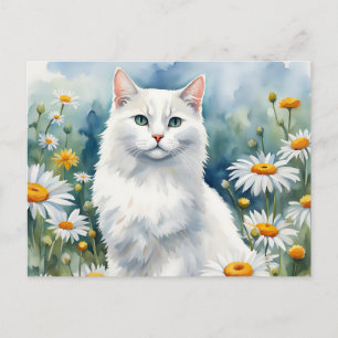 Elegante Witte Kat Waterverf met Daisies Flowers Briefkaart