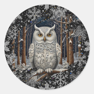 Elegante witte kerstuil bos winter bos ronde sticker