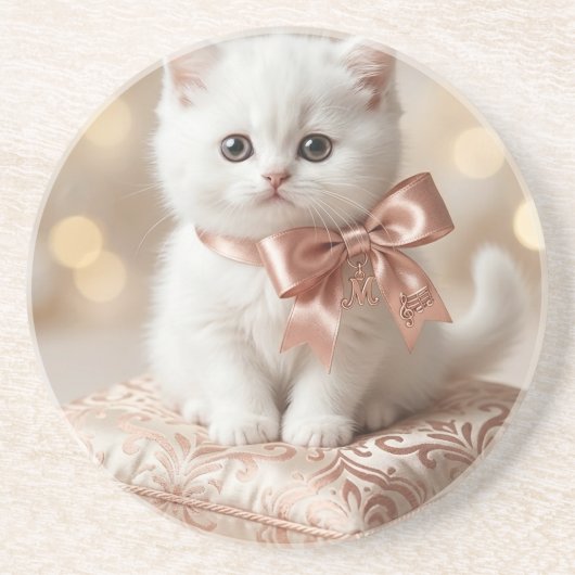 Elegante Witte Kittenshop Zandsteen Onderzetter (Voorkant)