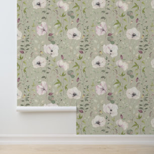 Elegante witte klaprozen bloemenpatroon mist groen behang