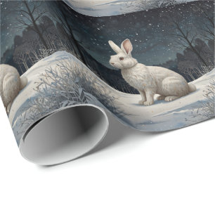 Elegante witte konijn Kerstmis besneeuwd boslandsc Cadeaupapier