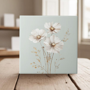 Elegante witte kosmos bloemen faux goud gras tegeltje