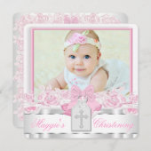 Elegante witte kruis roze foto doop kaart (Voorkant / Achterkant)