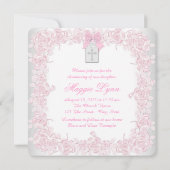 Elegante witte kruis roze foto doop kaart (Achterkant)