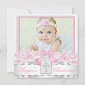 Elegante witte kruis roze foto doop kaart (Voorkant)