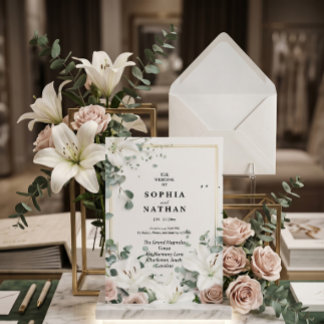 Elegante witte lelie & eucalyptus bloem bruiloft kaart