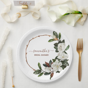 Elegante Witte Magnolia Bloemen, Bruidsdouche Papieren Bordje