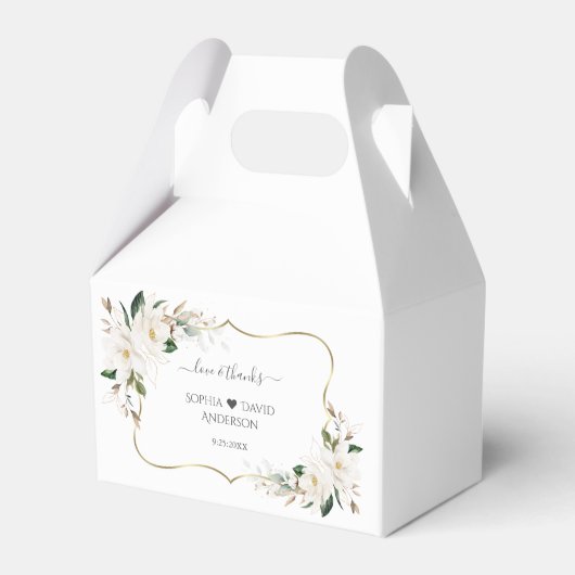 Elegante witte magnolia bloemen gouden bruiloft bedankdoosjes (Voorkant Zijde)