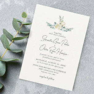 Elegante witte magnolia eucalyptus boeket trouw kaart