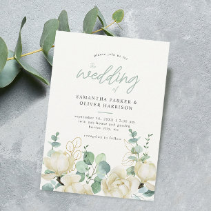 Elegante witte magnolia eucalyptus boeket trouw kaart