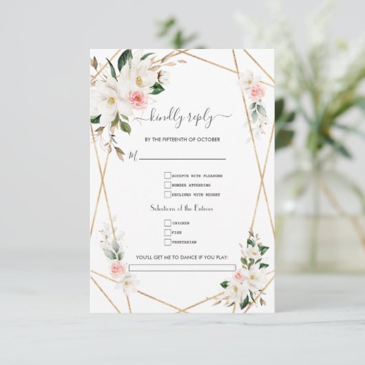 Elegante witte magnolia gouden songrequest bruilof RSVP kaartje (Staand voorkant)