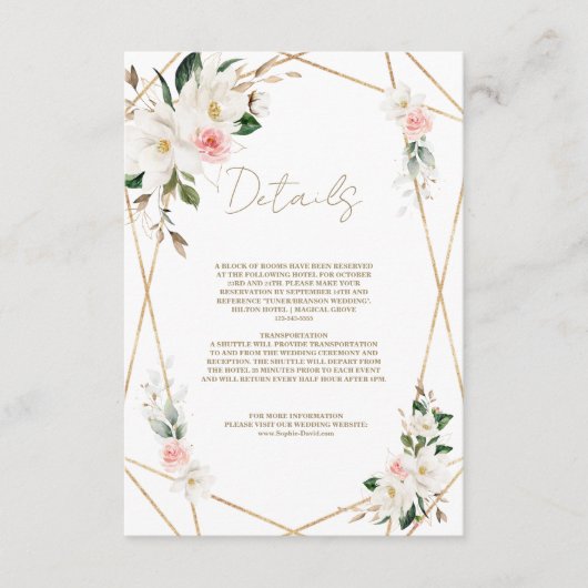 Elegante witte magnolia gouden trouwdetails informatiekaartje (Voorkant)