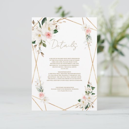 Elegante witte magnolia gouden trouwdetails informatiekaartje (Staand voorkant)