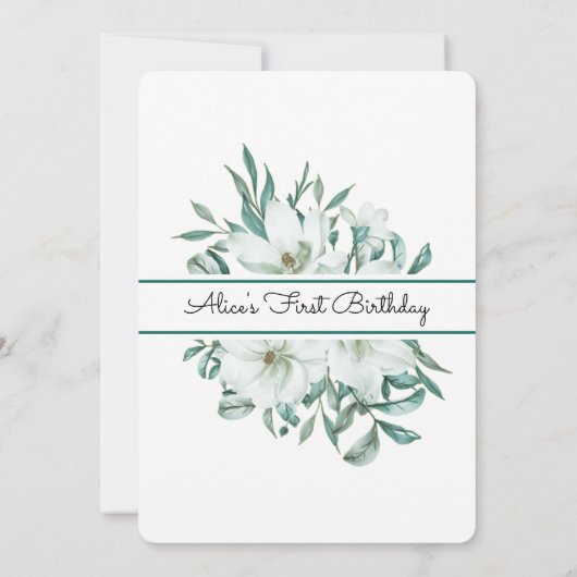 Elegante witte Magnolia groen Flora 1e verjaardag Kaart (Achterkant)