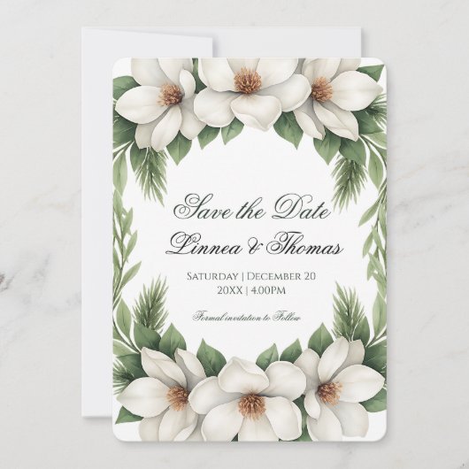 Elegante Witte Magnolia Wedding Pine Tree Lijst Save The Date (Voorkant)