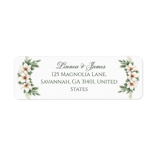 Elegante Witte Magnolia Winter Wedding Pine Tree Etiket (Voorkant)