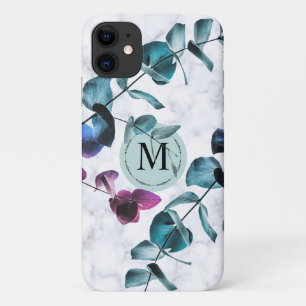 Elegante witte marmeren eucalyptusbladmonogram iPhone 11 hoesje