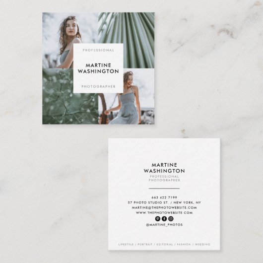 Elegante witte minimale foto moderne fotograaf vierkante visitekaartje (Voorkant / Achterkant)