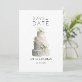 Elegante witte mint groene bloemencake Save the Da Kaart (Staand voorkant)