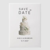 Elegante witte mint groene bloemencake Save the Da Vellum Uitnodigingen (Voorkant)