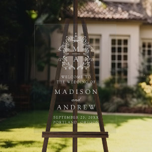 Elegante witte Monogram Crest bruiloft Welkom Acryl Bord