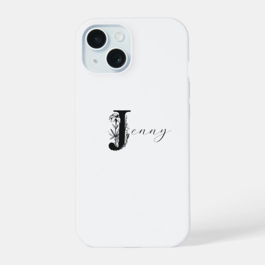 ELEGANTE WITTE MONOGRAMNAAM MET BLOEMIG J-INITIAAL iPhone 15 HOESJE (Achterkant)