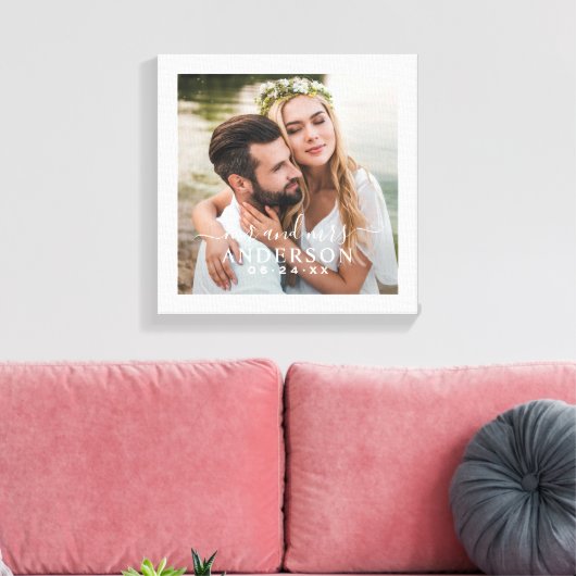 Elegante witte Mr en Mrs monogram foto trouwdag Canvas Afdruk (Insitu (Woonkamer))