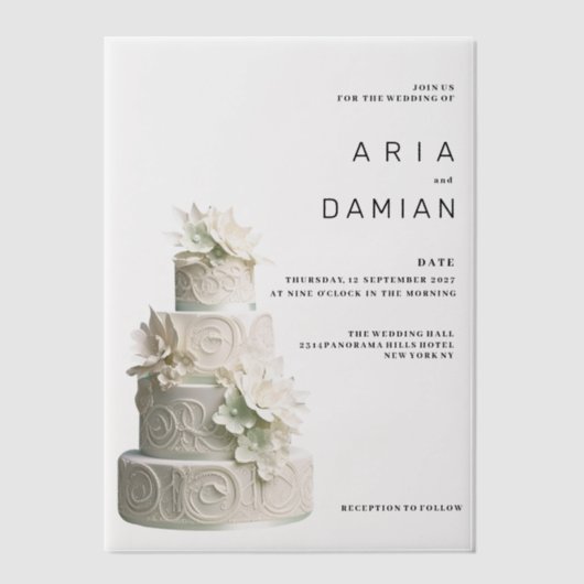 Elegante witte munt groene bloemencake Bruiloft Vellum Uitnodigingen (Voorkant)