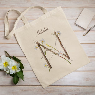 Elegante Witte Narcissen Bloemrijke Monogram N Maa Tote Bag