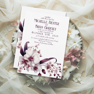 Elegante Witte Orchidee & Plum Huwelijksuitnodigin Kaart