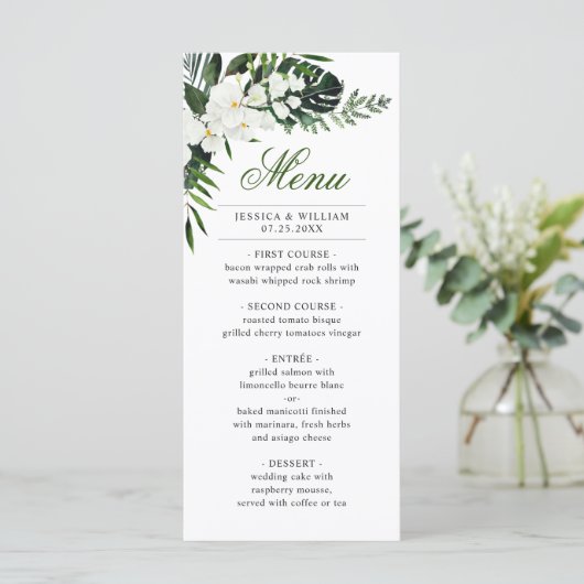 Elegante Witte Orchideeën Boheemse Trouwdagdiner Menu (Staand voorkant)