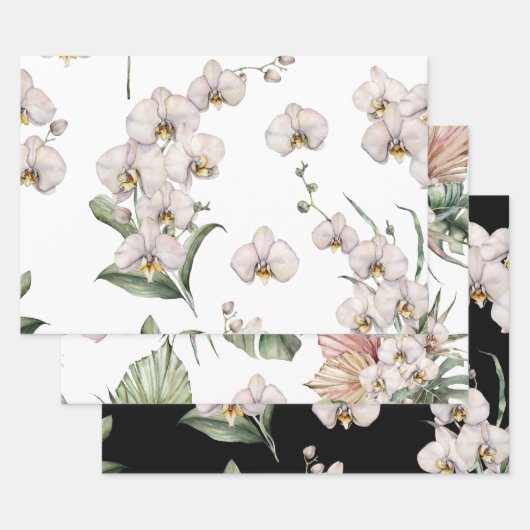 Elegante witte orchideeën palmen tropische bloemen inpakpapier vel (Set)