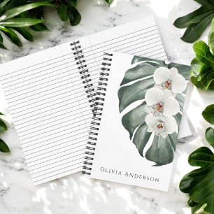 Elegante Witte Orchideeën Tropische Aquarel Bloeme Notitieboek