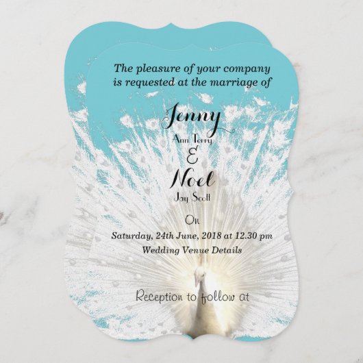 Elegante Witte Pauw Veren Huwelijksuitnodiging Kaart (Voorkant / Achterkant)