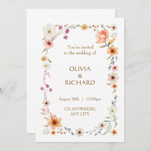 Elegante Witte & Perzik Bloemen Huwelijksuitnodigi Kaart (Voorkant / Achterkant)