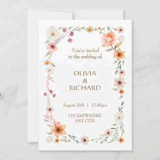 Elegante Witte & Perzik Bloemen Huwelijksuitnodigi Kaart