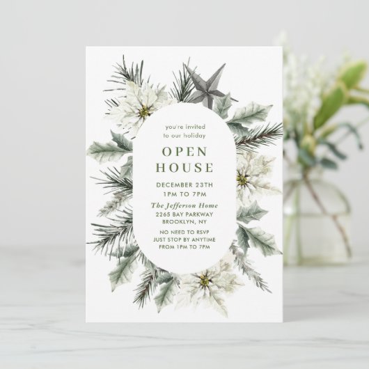 Elegante Witte Poinsettia Boho Kerst Open Huis Kaart (Staand voorkant)