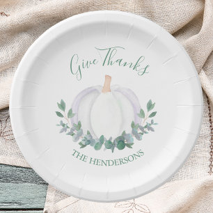 Elegante witte pompoen groene bladeren Thanksgivin Papieren Bordje