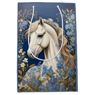 Elegante witte Pony en vergeet-me-nots Medium Cadeauzakje