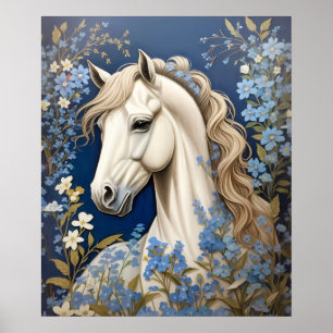 Elegante witte Pony en vergeet-me-nots Poster