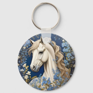Elegante witte Pony en vergeet-me-nots Sleutelhanger