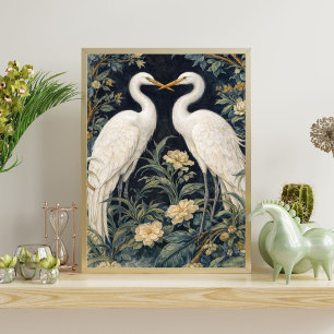 Elegante witte reigers in tuin – vintage botanisch poster
