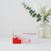 Elegante witte & rode bloemdamast visitekaartje (Staand voorkant)