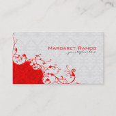 Elegante witte & rode bloemdamast visitekaartje (Voorkant)
