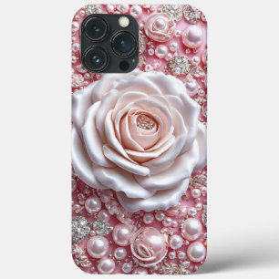 Elegante Witte Roos en Glanzende Roze Parels iPhone 13 Pro Max Hoesje